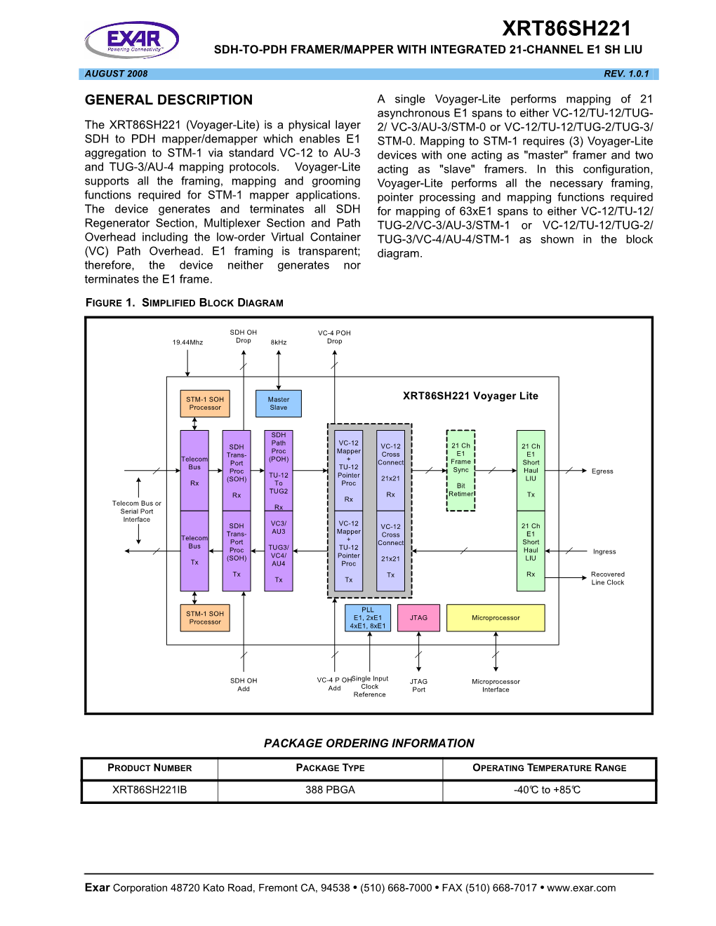 Xrt86sh221 Sdh-To-Pdh Framer/Mapper with Integrated 21-Channel E1 Sh Liu