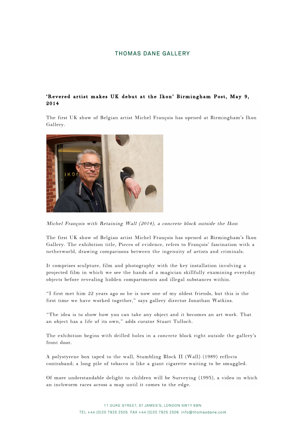 Birmingham Post, May 9, 2014 the First UK Show of Belgian Artist Michel Françoi