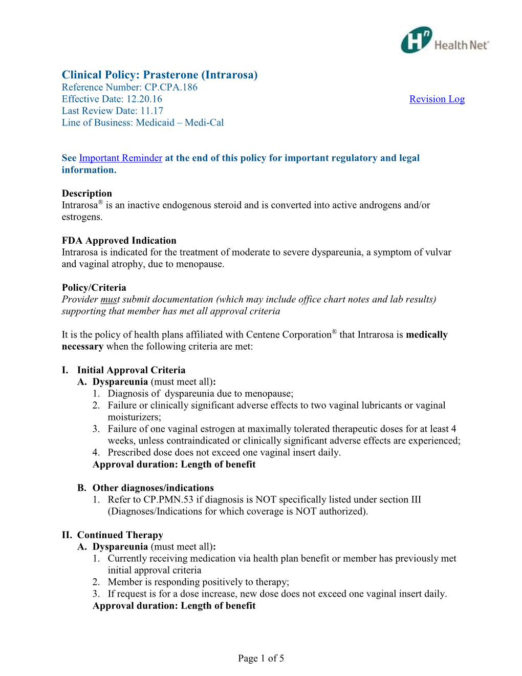 Clinical Policy: Prasterone (Intrarosa)