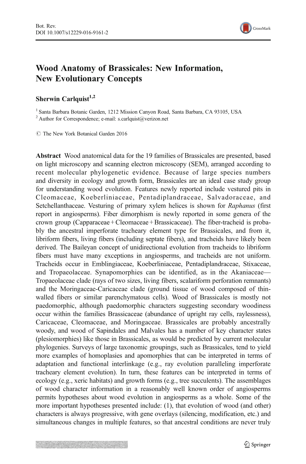 Wood Anatomy of Brassicales: New Information, New Evolutionary Concepts