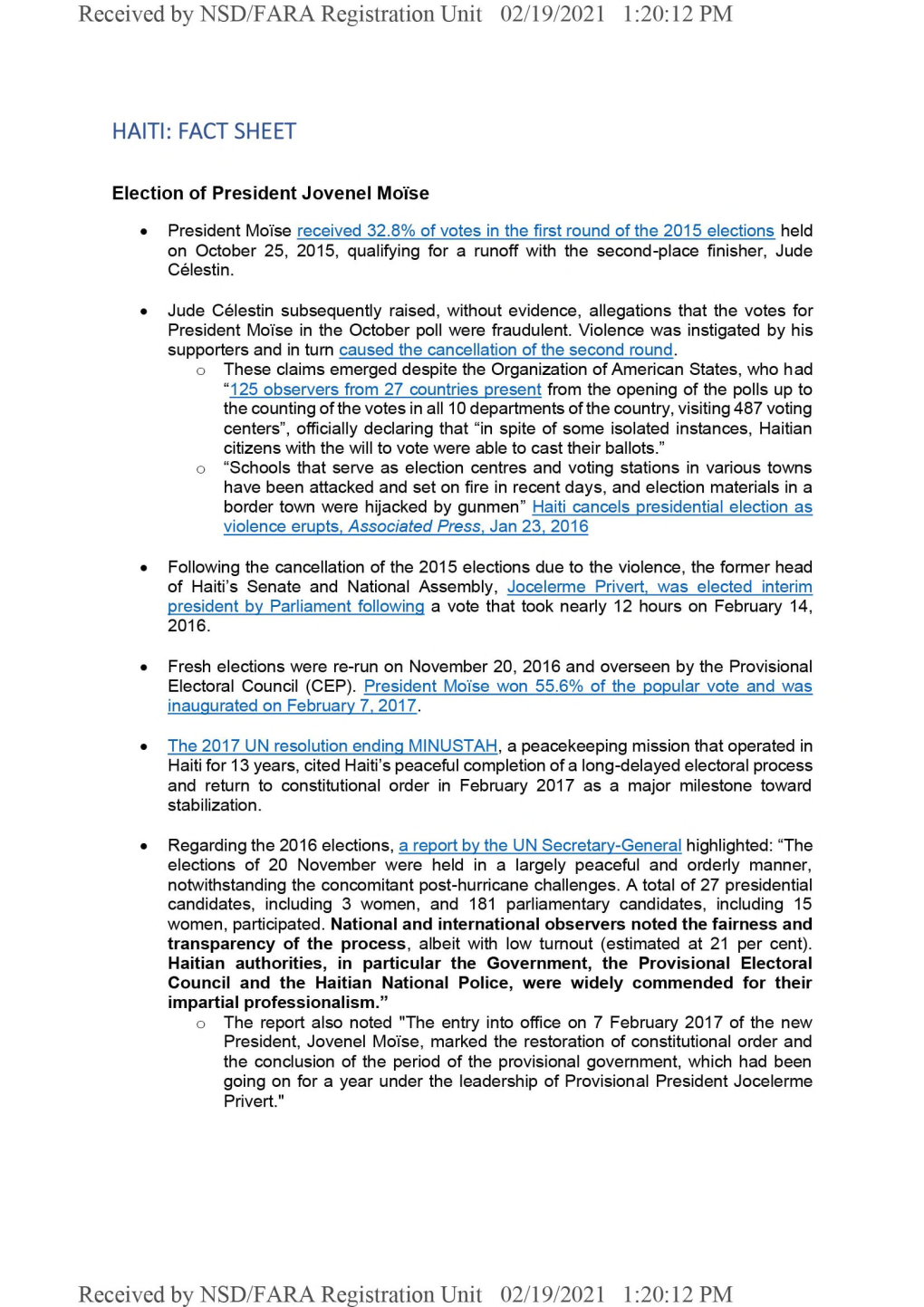 HAITI: FACT SHEET Election of President Jovenel Moise