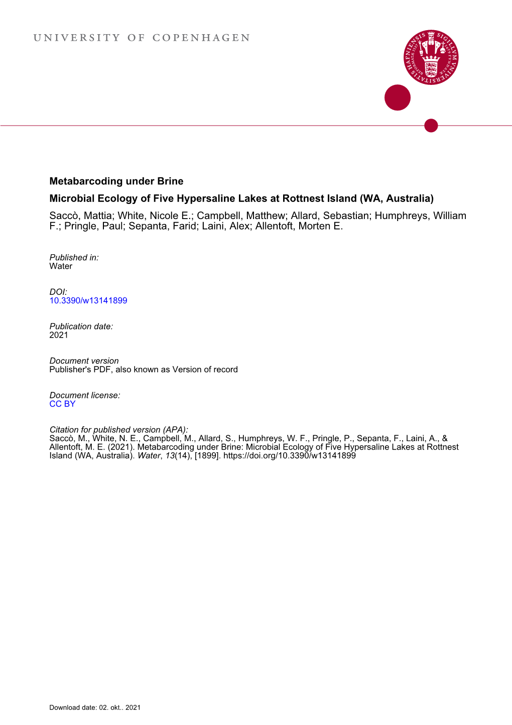 Metabarcoding Under Brine: Microbial Ecology of Five Hypersaline Lakes at Rottnest Island (WA, Australia)