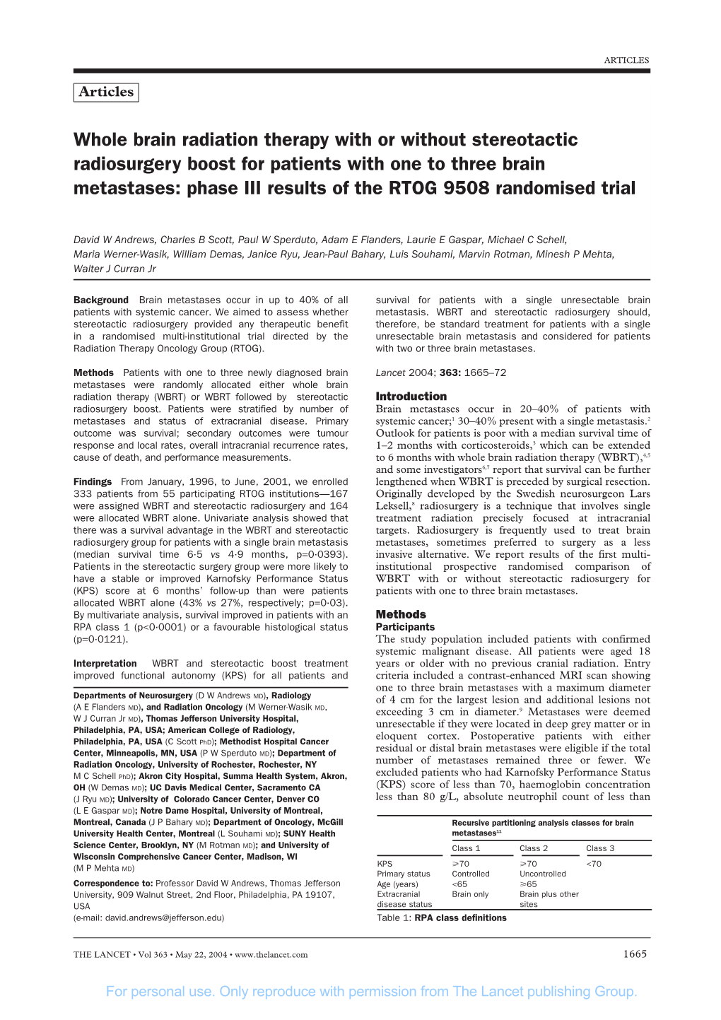 Whole Brain Radiation Therapy with Or Without Stereotactic Radiosurgery