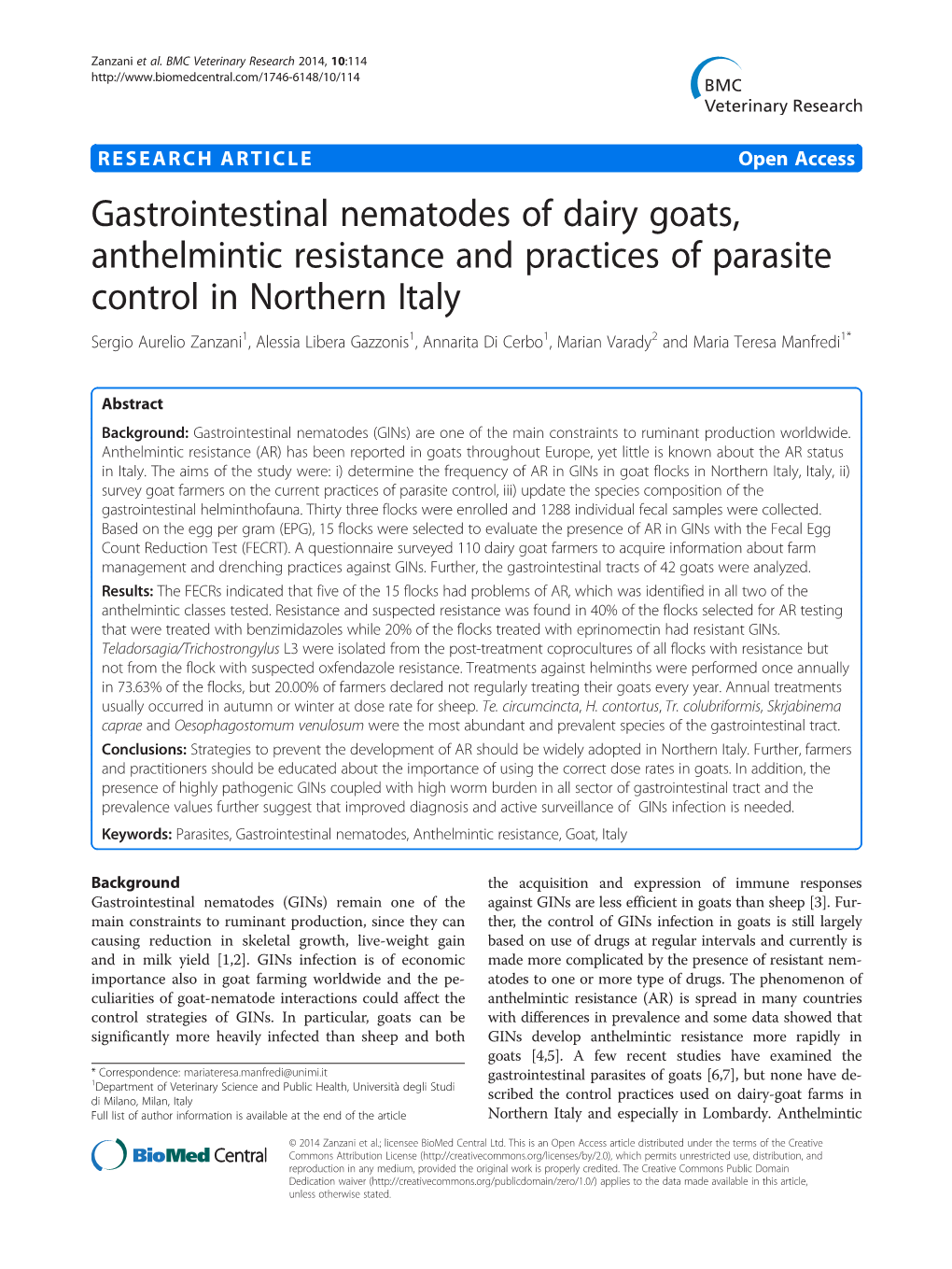 Gastrointestinal Nematodes of Dairy Goats, Anthelmintic Resistance And