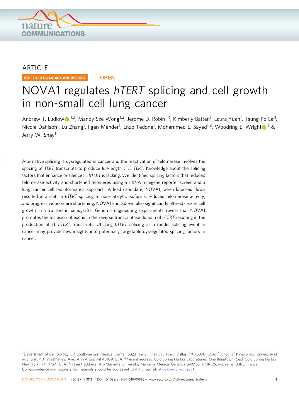 NOVA1 Regulates Htert Splicing and Cell Growth in Non-Small Cell Lung Cancer