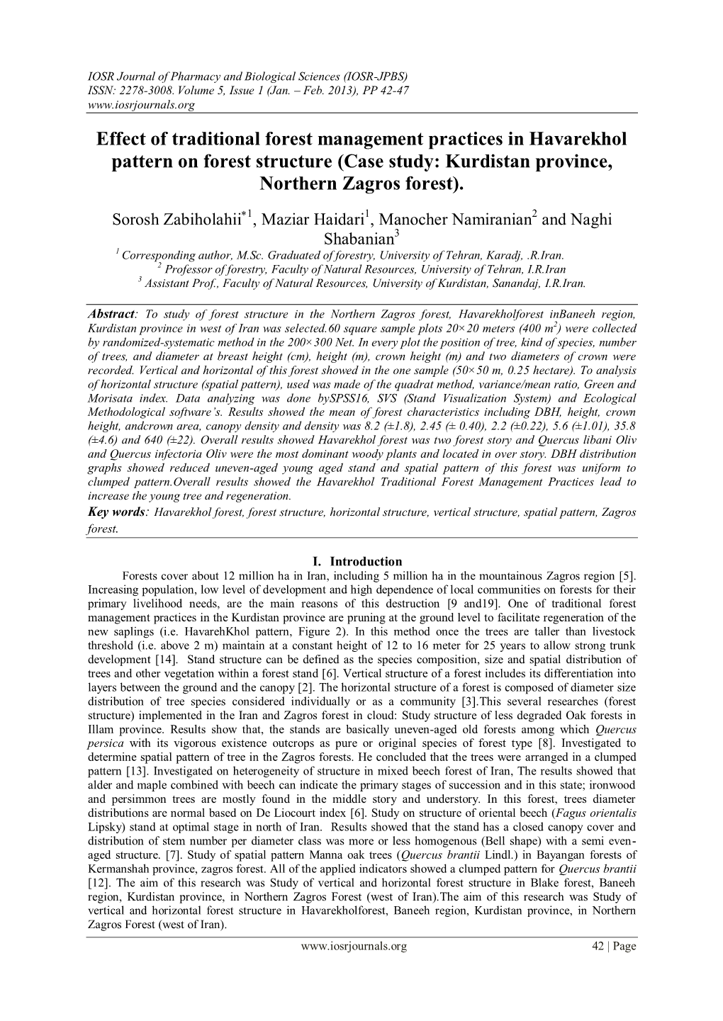 Effect of Traditional Forest Management Practices in Havarekhol Pattern on Forest Structure (Case Study: Kurdistan Province, Northern Zagros Forest)