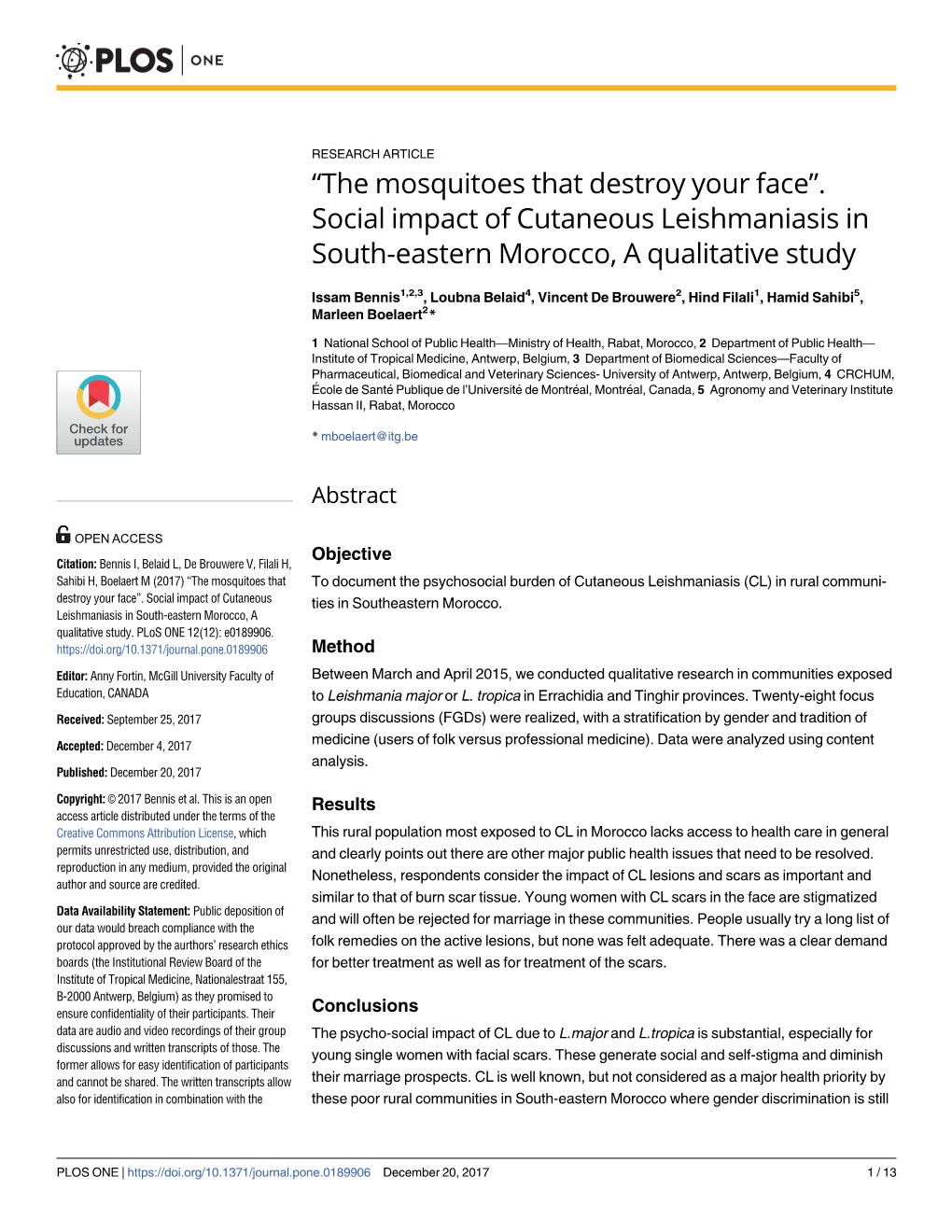 “The Mosquitoes That Destroy Your Face”. Social Impact of Cutaneous Leishmaniasis in South-Eastern Morocco, a Qualitative Study