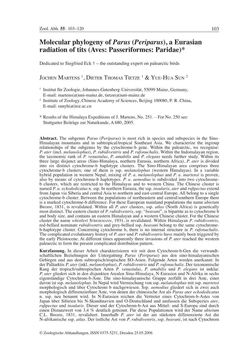 Molecular Phylogeny of Parus (Periparus), a Eurasian Radiation of Tits (Aves: Passeriformes: Paridae)*