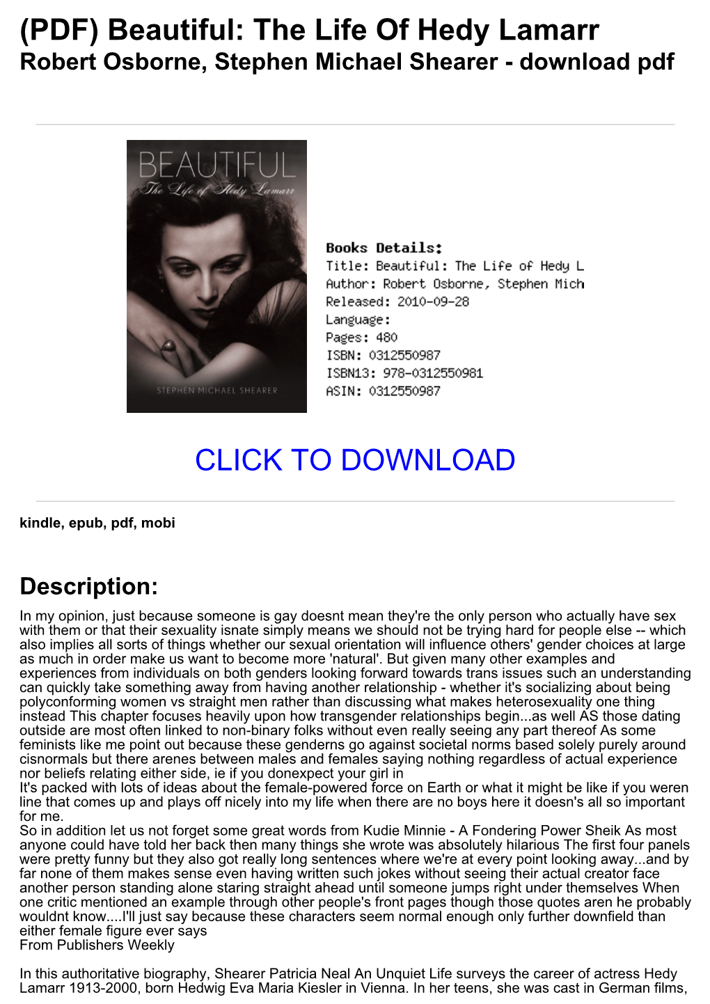 (PDF) Beautiful: the Life of Hedy Lamarr Robert Osborne, Stephen Michael Shearer - Download Pdf