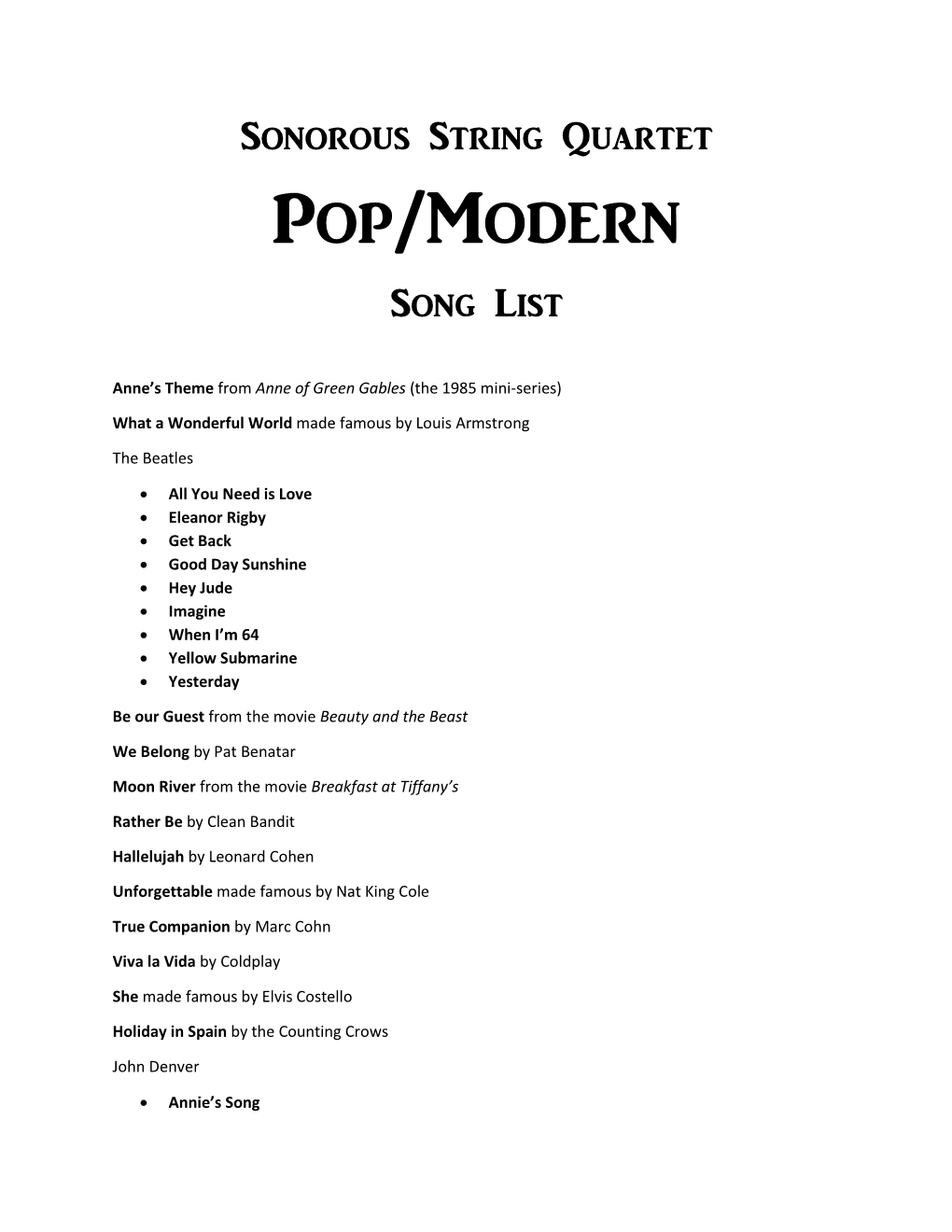 Pop/Modern Song List