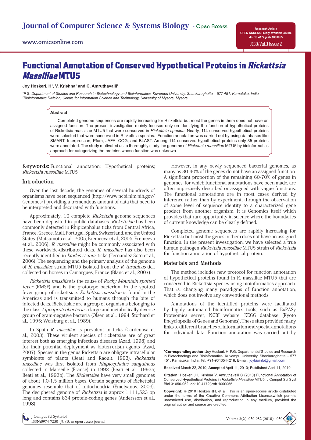 Functional Annotation of Conserved Hypothetical Proteins in Rickettsia Massiliae MTU5 Joy Hoskeri