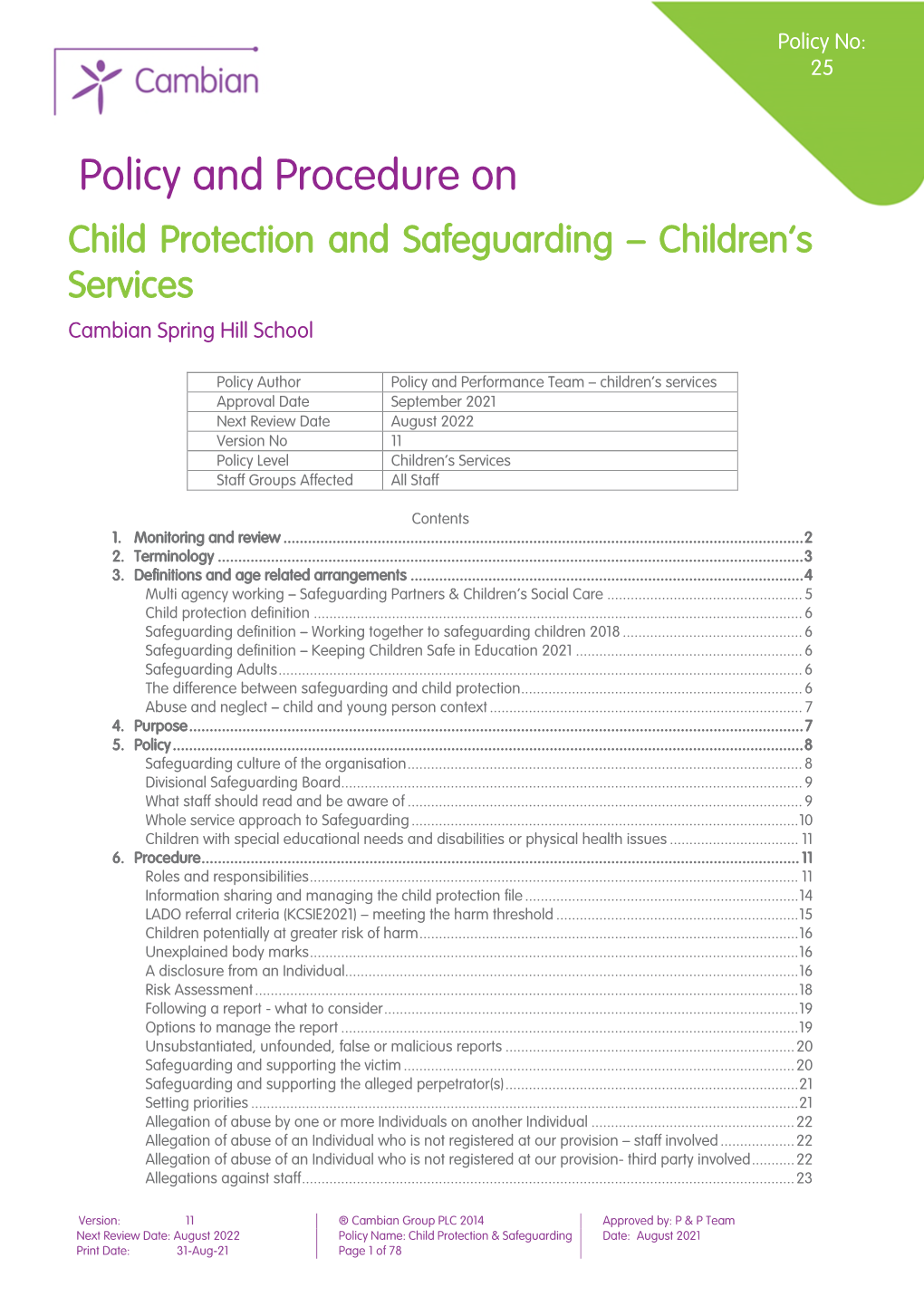 Policy and Procedure on Child Protection and Safeguarding – Children’S Services Cambian Spring Hill School