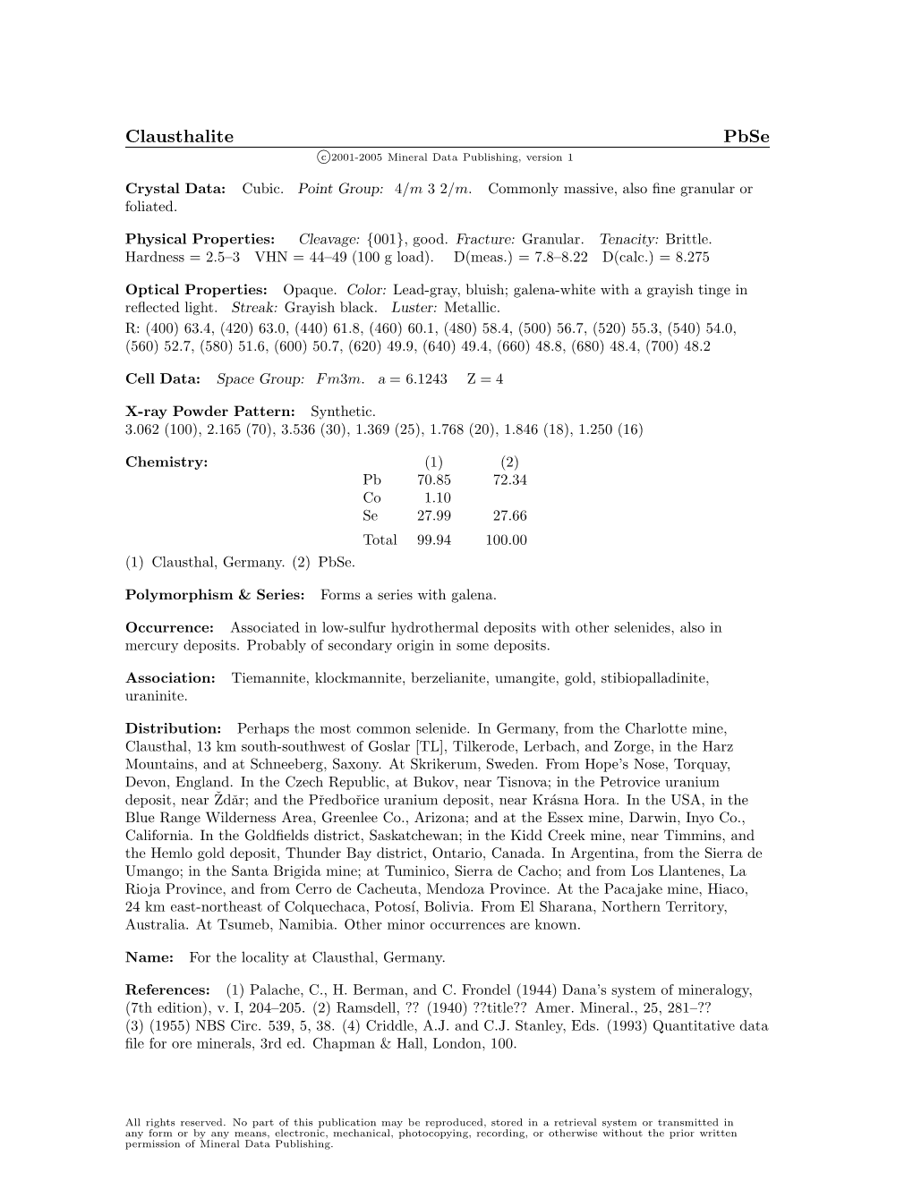 Clausthalite Pbse C 2001-2005 Mineral Data Publishing, Version 1