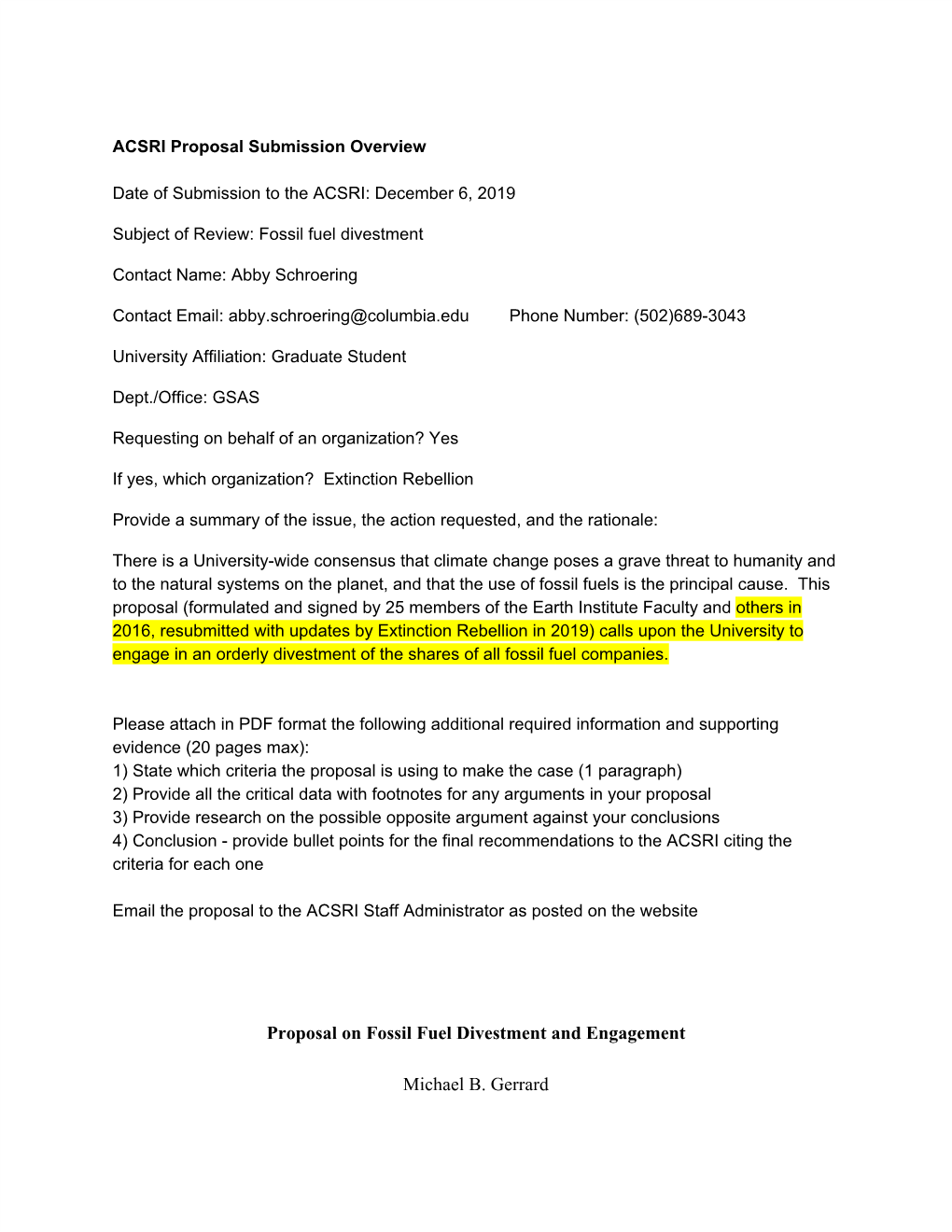 Proposal on Fossil Fuel Divestment and Engagement Michael B. Gerrard