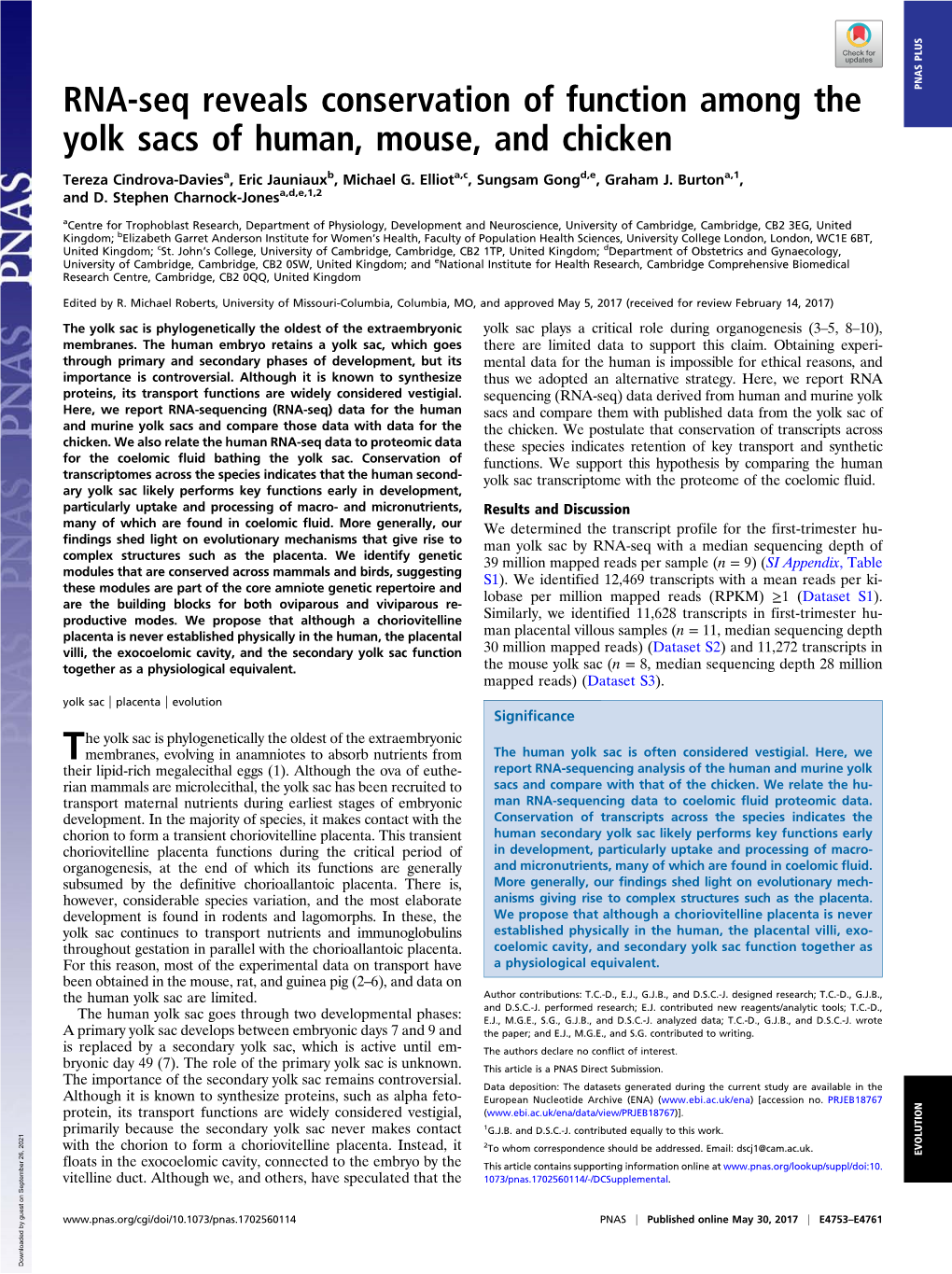 RNA-Seq Reveals Conservation of Function Among the Yolk Sacs Of