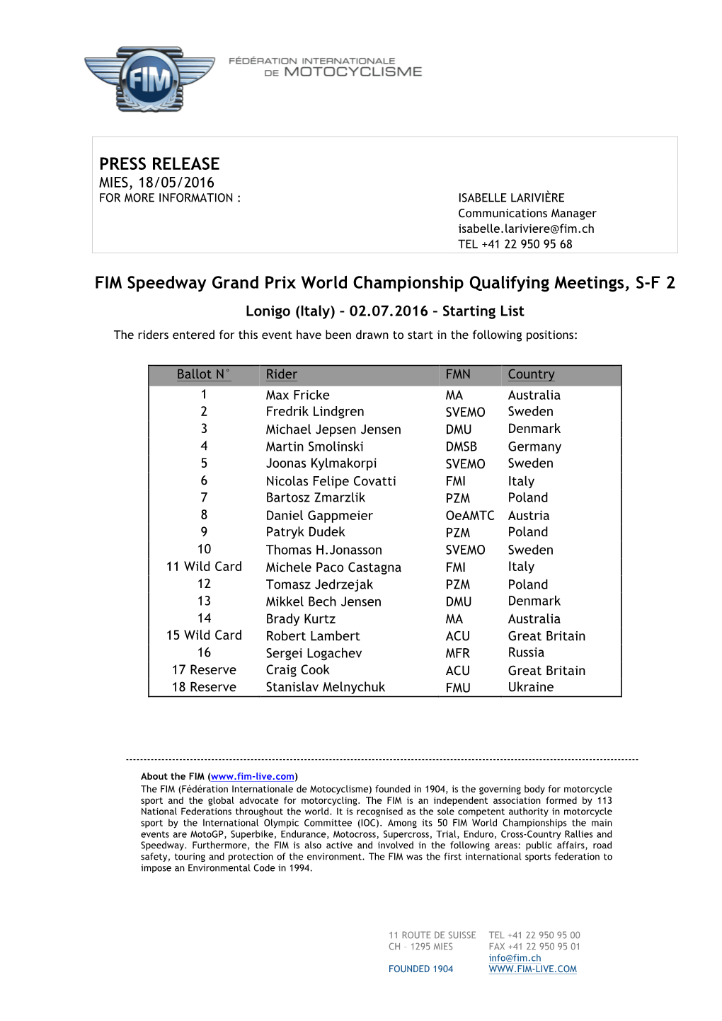 PRESS RELEASE FIM Speedway Grand Prix World Championship