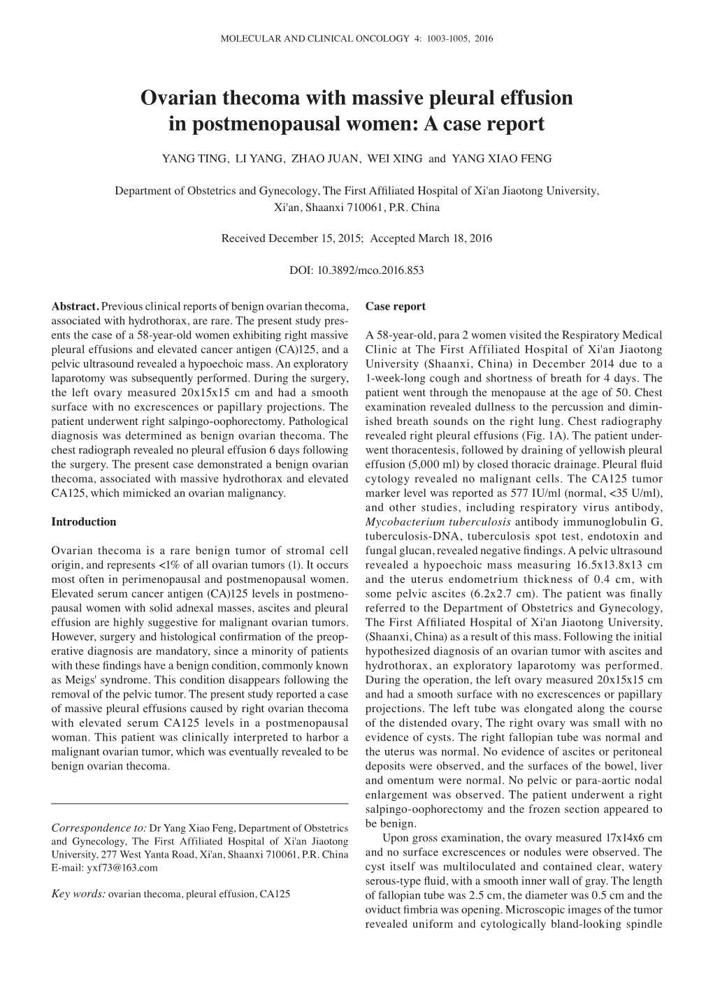 Ovarian Thecoma with Massive Pleural Effusion in Postmenopausal Women: a Case Report