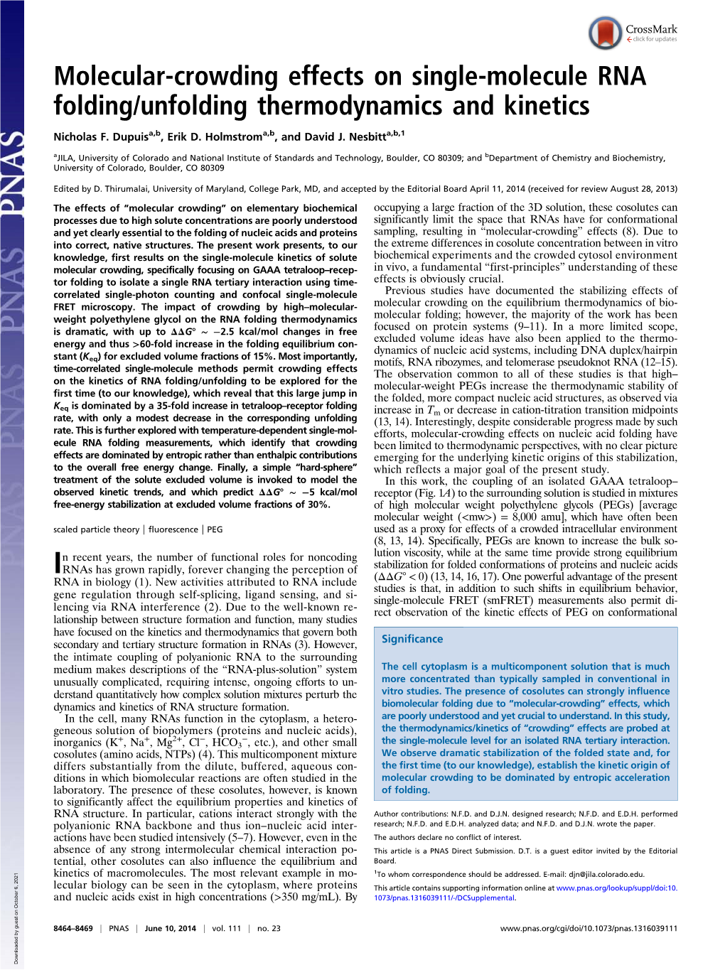 Molecular-Crowding Effects on Single-Molecule RNA Folding/Unfolding Thermodynamics and Kinetics