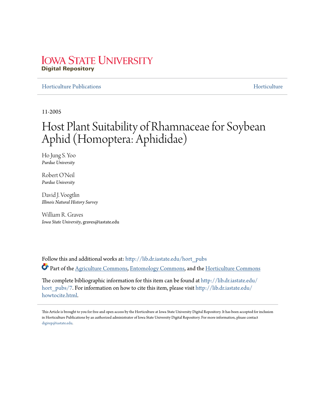 Host Plant Suitability of Rhamnaceae for Soybean Aphid (Homoptera: Aphididae) Ho Jung S