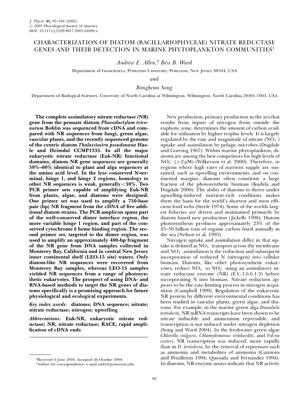 Characterization of Diatom (Bacillariophyceae) Nitrate Reductase Genes and Their Detection in Marine Phytoplankton Communities1