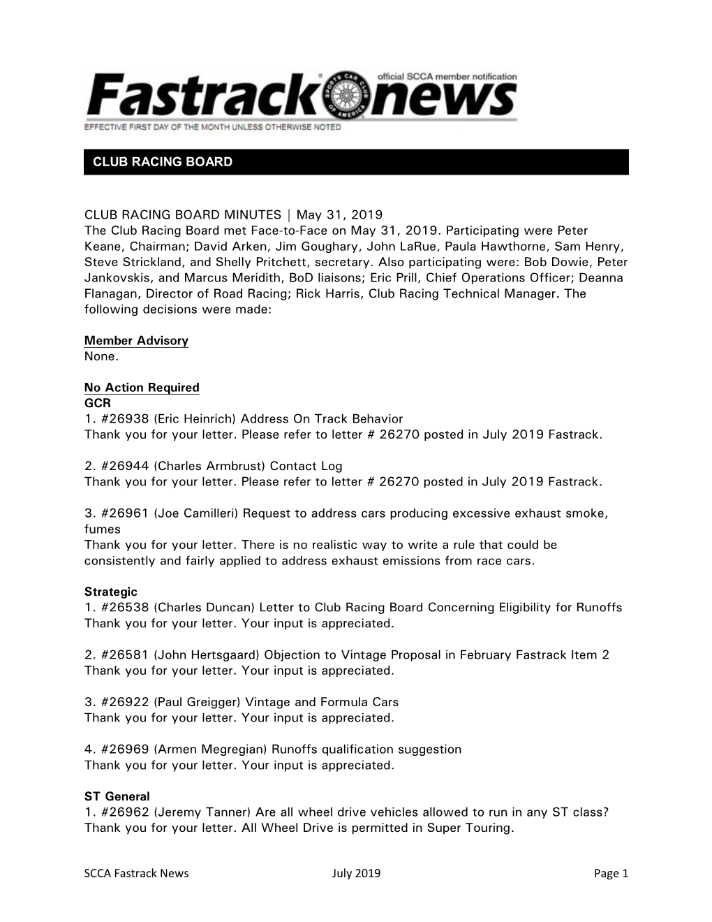 SCCA Fastrack News July 2019 Page 1 CLUB RACING BOARD MINUTES