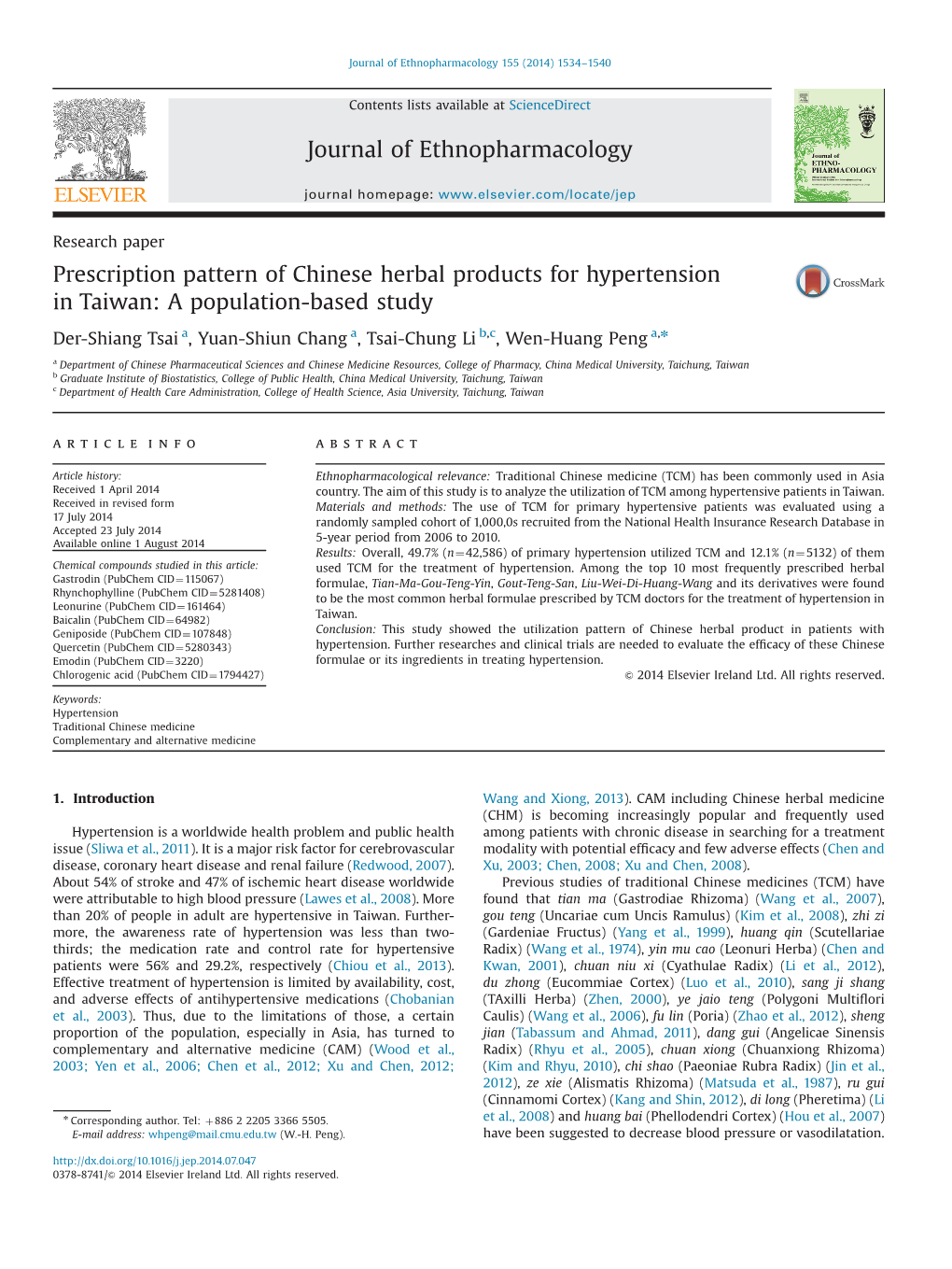 Prescription Pattern of Chinese Herbal Products for Hypertension in Taiwan: a Population-Based Study