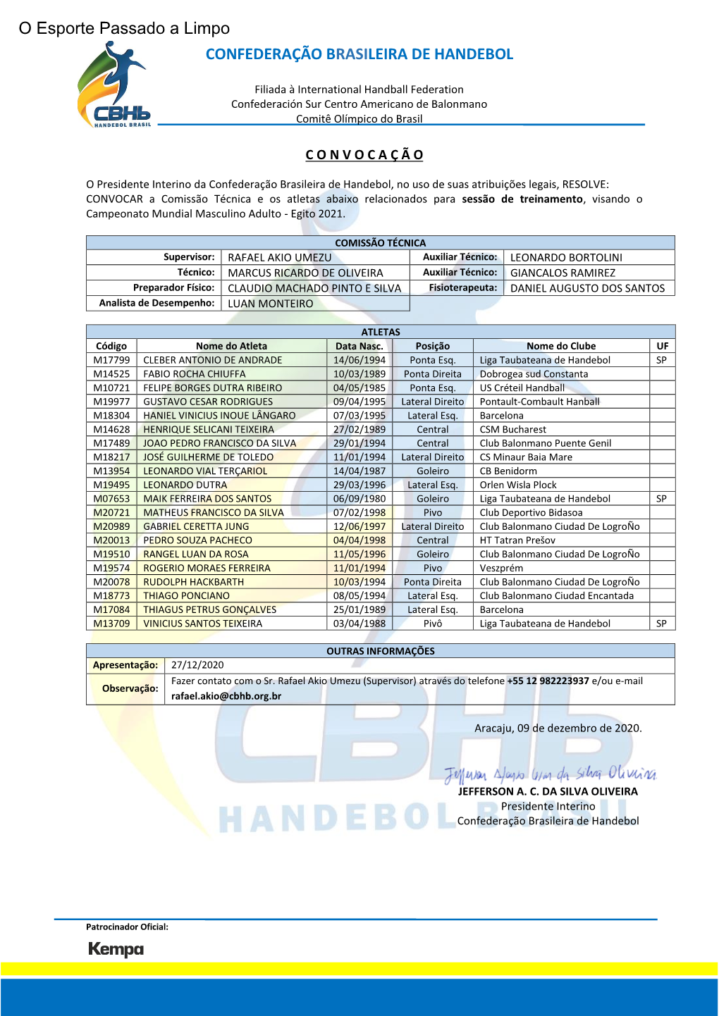 CONVOCAÇÃO – Treinamento Mundial Masculino 2021