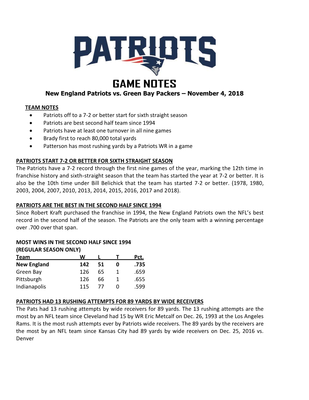 GAME NOTES New England Patriots Vs