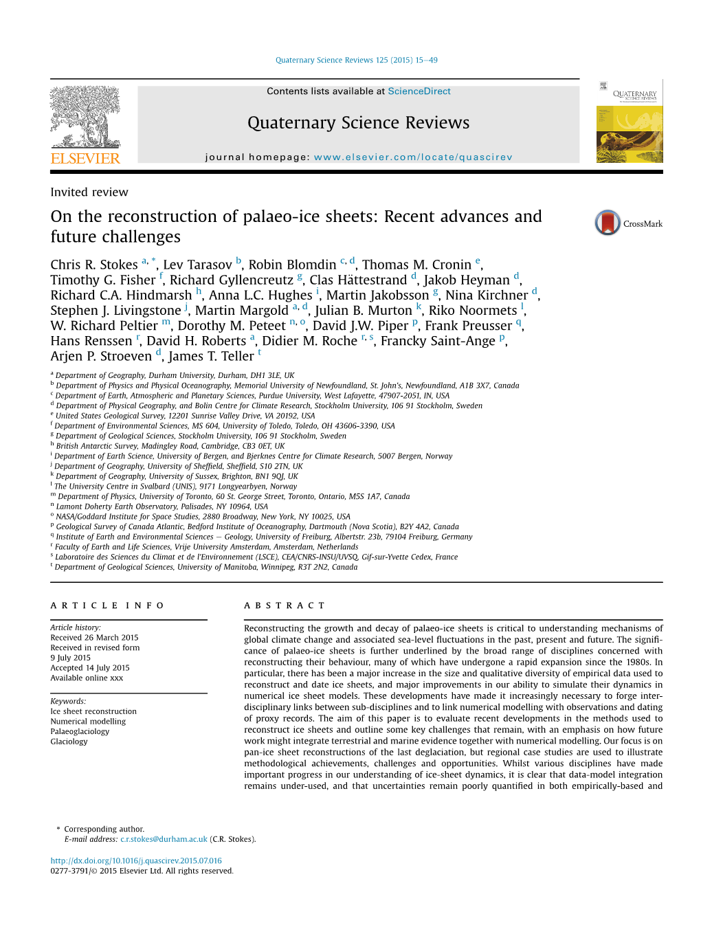 Stokes Et Al, on the Reconstruction of Palaeo-Ice Sheets