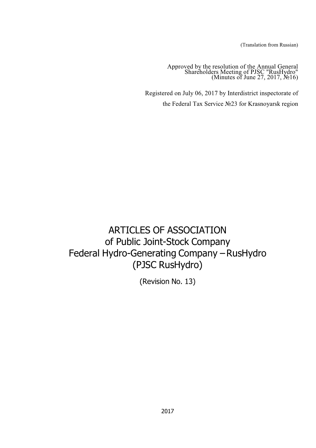 ARTICLES of ASSOCIATION of Public Joint-Stock Company Federal Hydro-Generating Company – Rushydro (PJSC Rushydro)