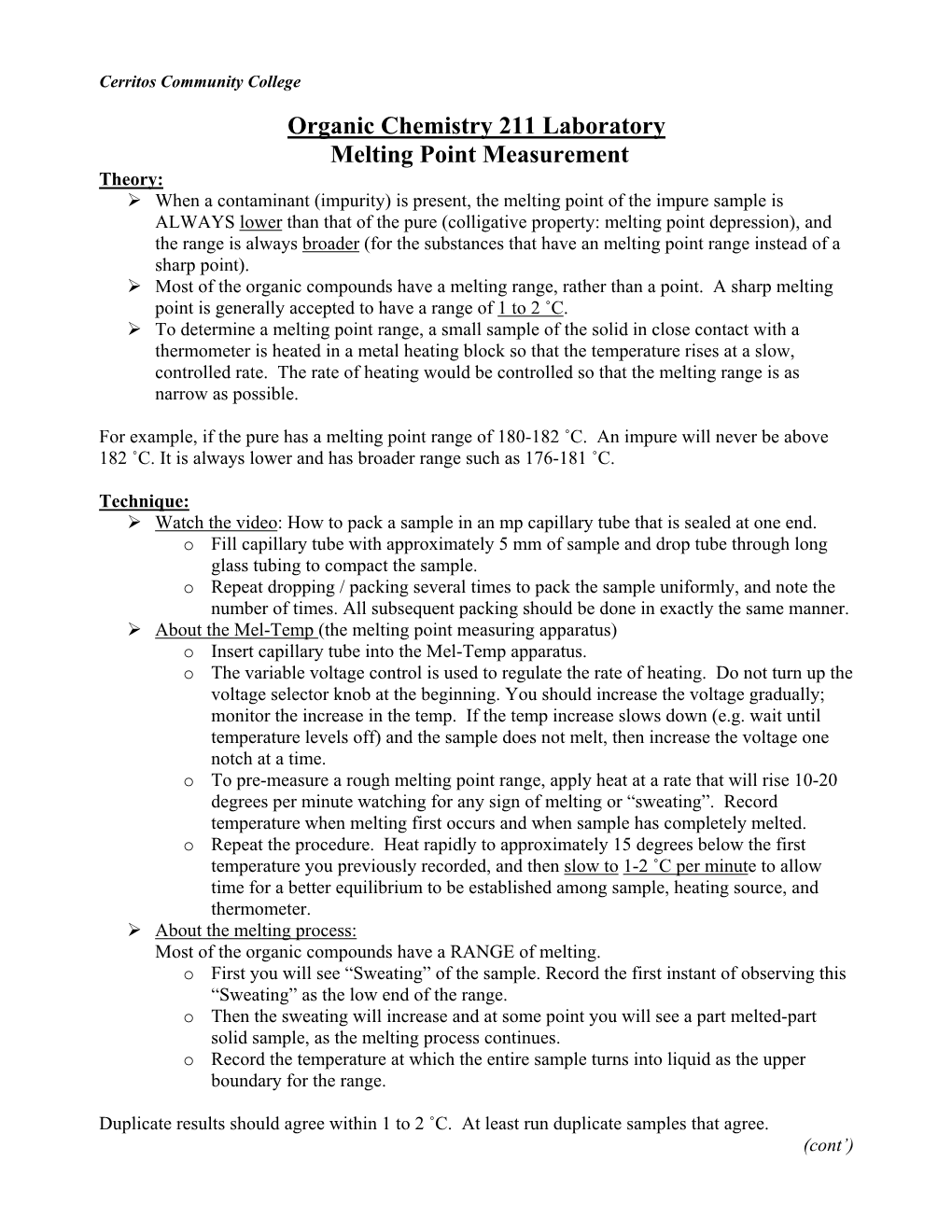 Organic Chemistry 211 Laboratory Melting Point Measurement