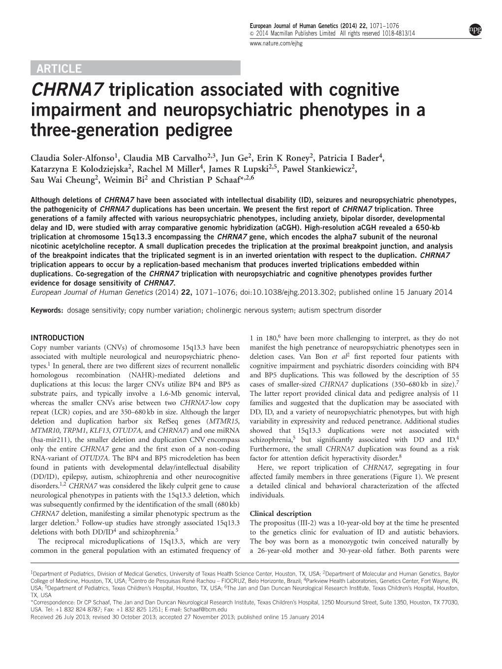 CHRNA7 Triplication Associated with Cognitive Impairment and Neuropsychiatric Phenotypes in a Three-Generation Pedigree