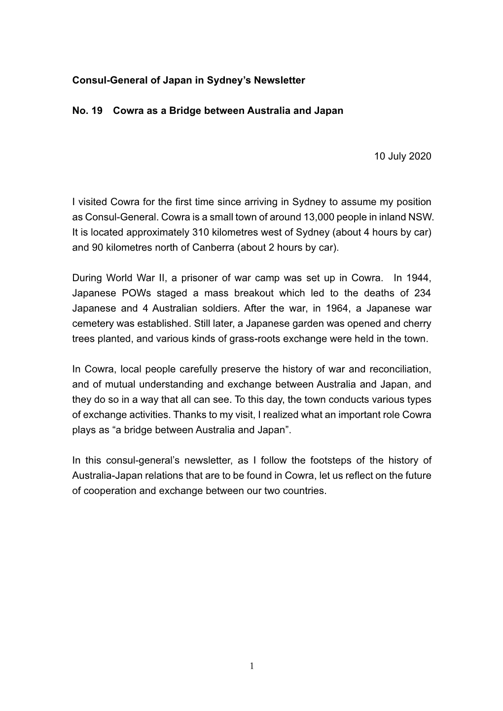 Consul-General of Japan in Sydney's Newsletter No. 19 Cowra As A