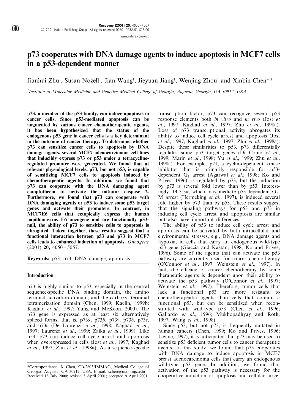 P73 Cooperates with DNA Damage Agents to Induce Apoptosis in MCF7 Cells in a P53-Dependent Manner