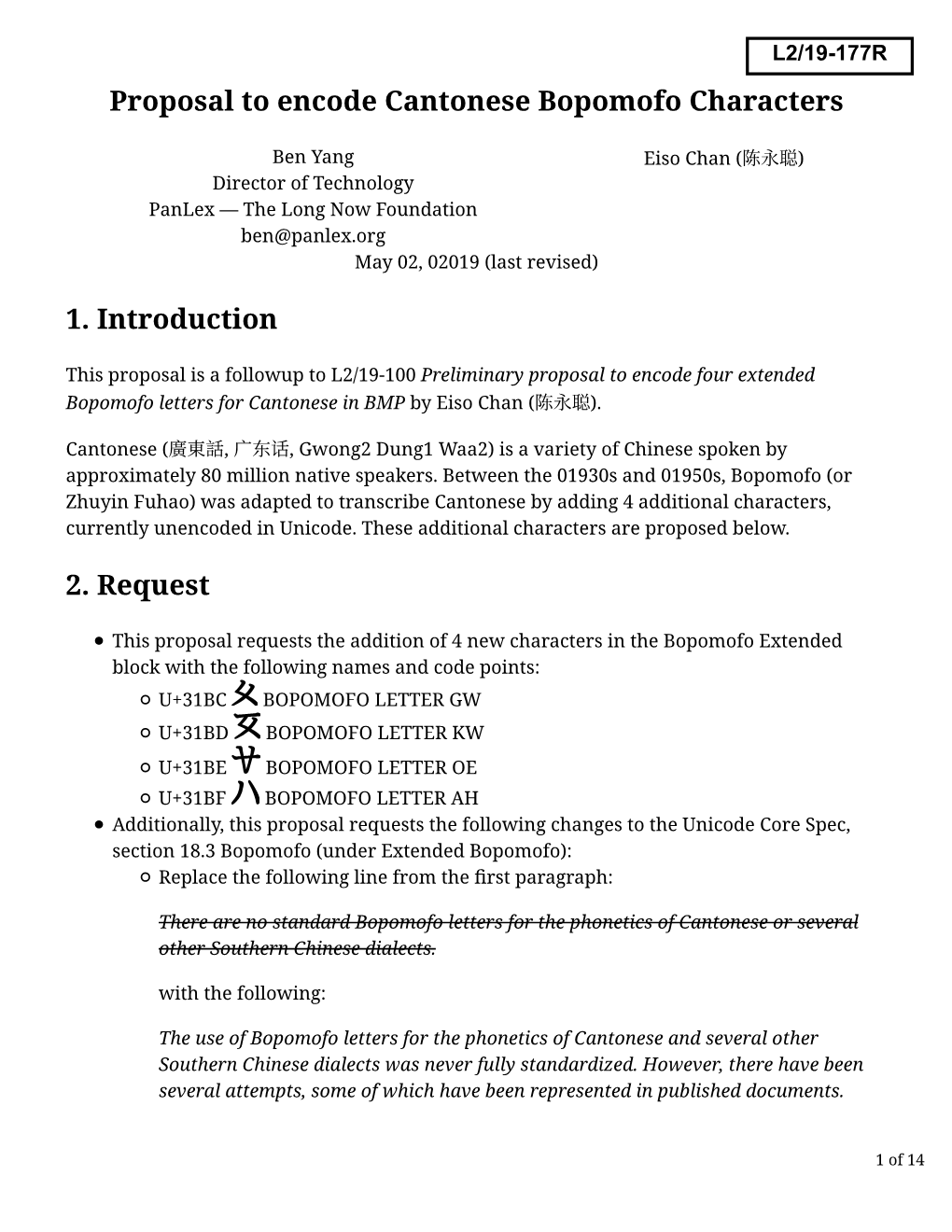 Proposal to Encode Cantonese Bopomofo Characters 1