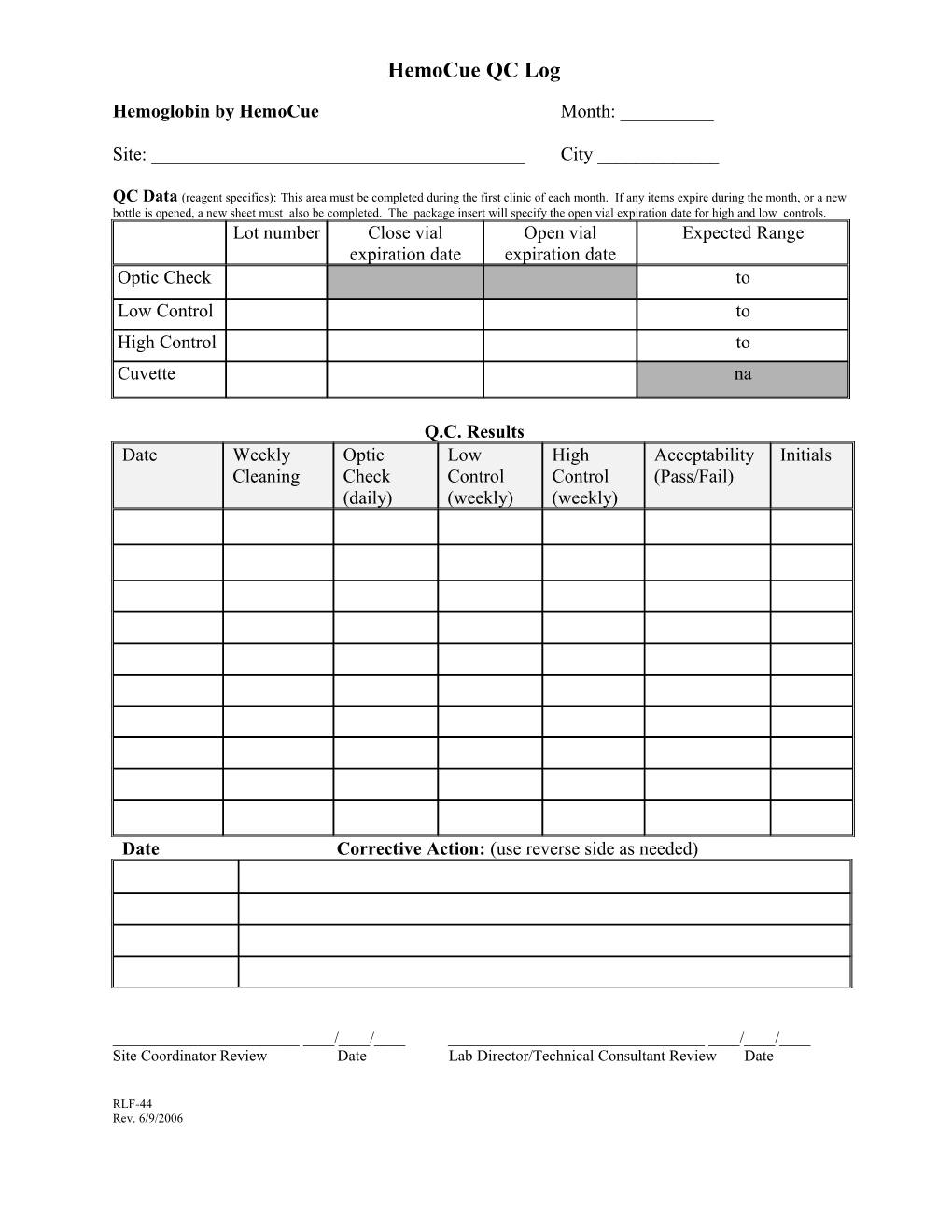 QC Worksheet for Hemocue Hemoglobin Determination