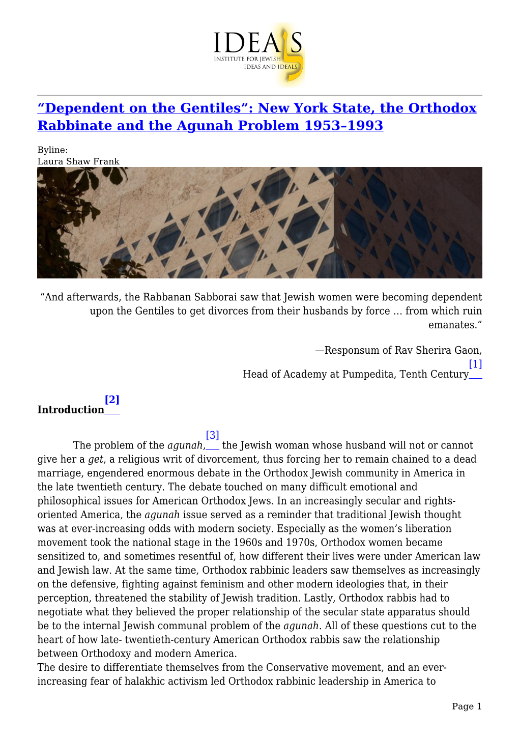 “Dependent on the Gentiles”: New York State, the Orthodox Rabbinate and the Agunah Problem 1953–1993