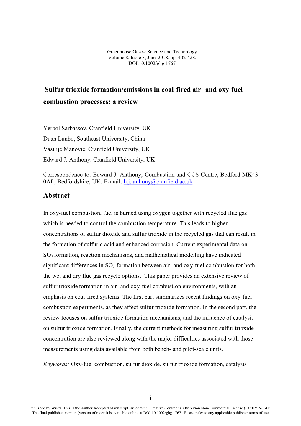 Sulfur Trioxide Formation/Emissions in Coal-Fired Air- and Oxy-Fuel Combustion Processes: a Review