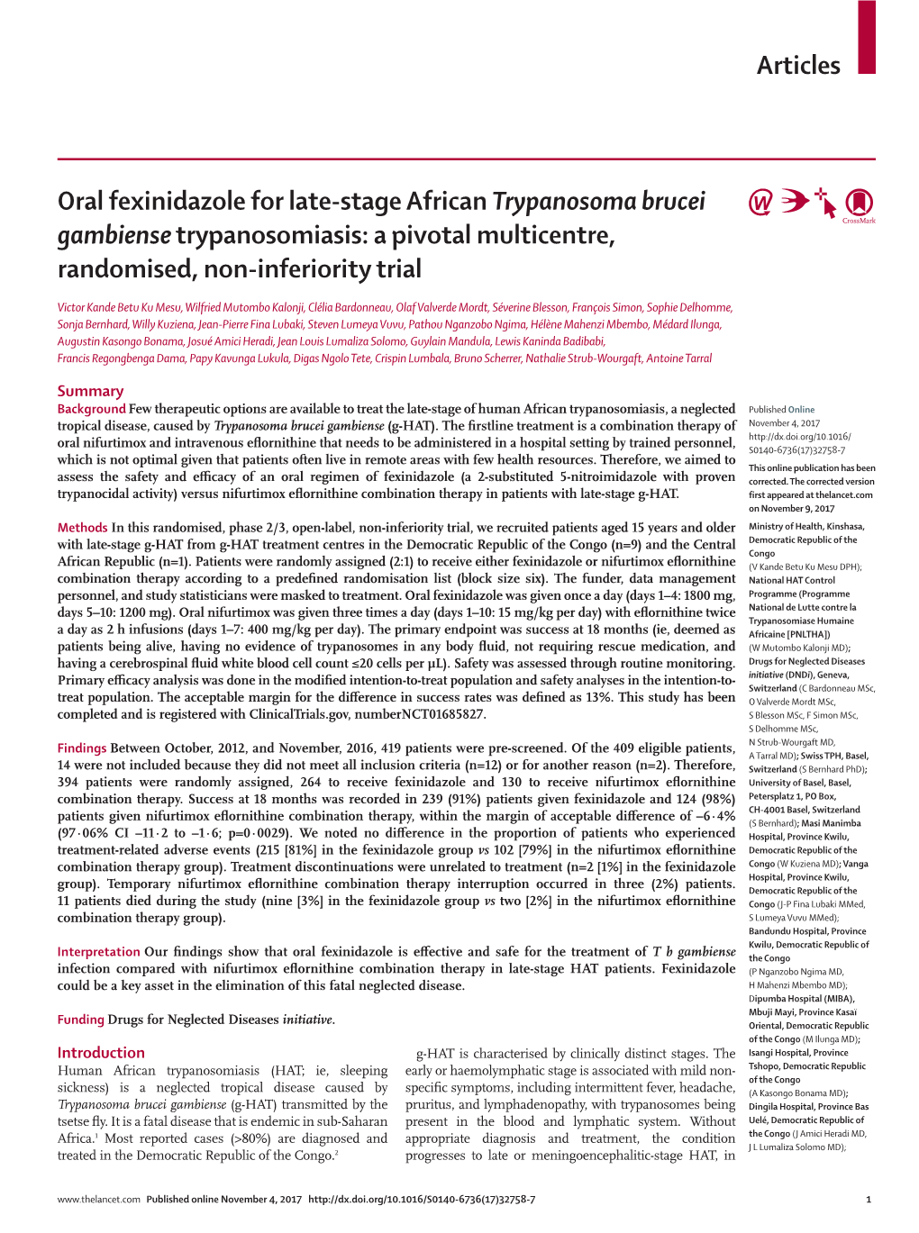 Oral Fexinidazole for Late-Stage African Trypanosoma Brucei Gambiense Trypanosomiasis: a Pivotal Multicentre, Randomised, Non-Inferiority Trial