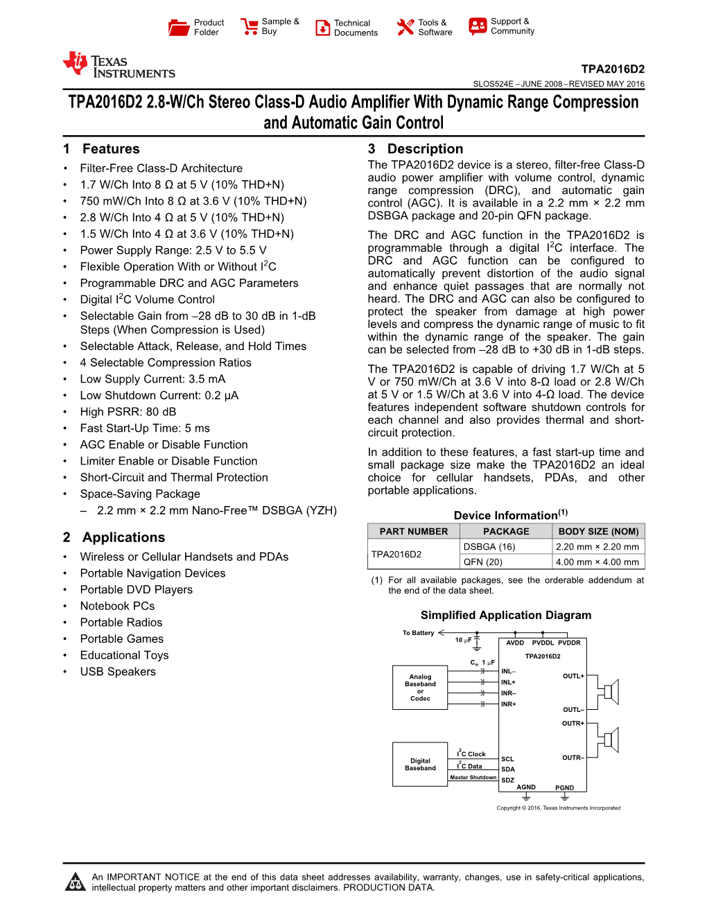 TPA2016D2 2.8-W/Ch Stereo Class-D Audio Amplifier With