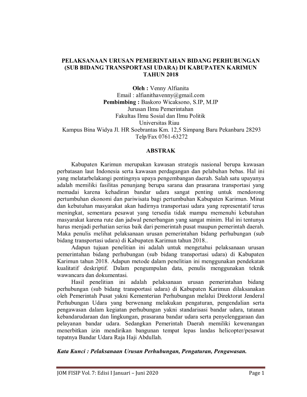 Sub Bidang Transportasi Udara) Di Kabupaten Karimun Tahun 2018