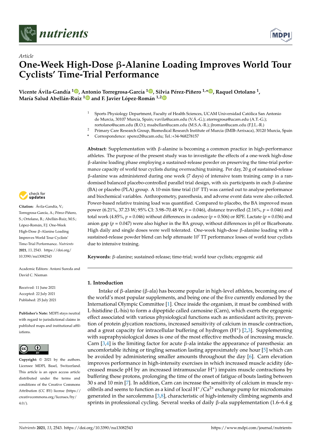 Alanine Loading Improves World Tour Cyclists' Time-Trial Performance