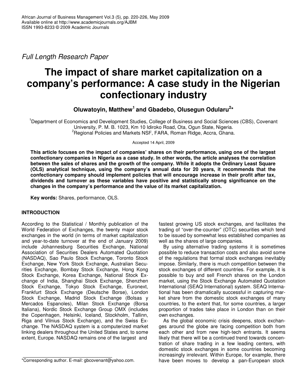 The Impact of Share Market Capitalization on a Company's Performance: a Case Study in the Nigerian Confectionary Industry