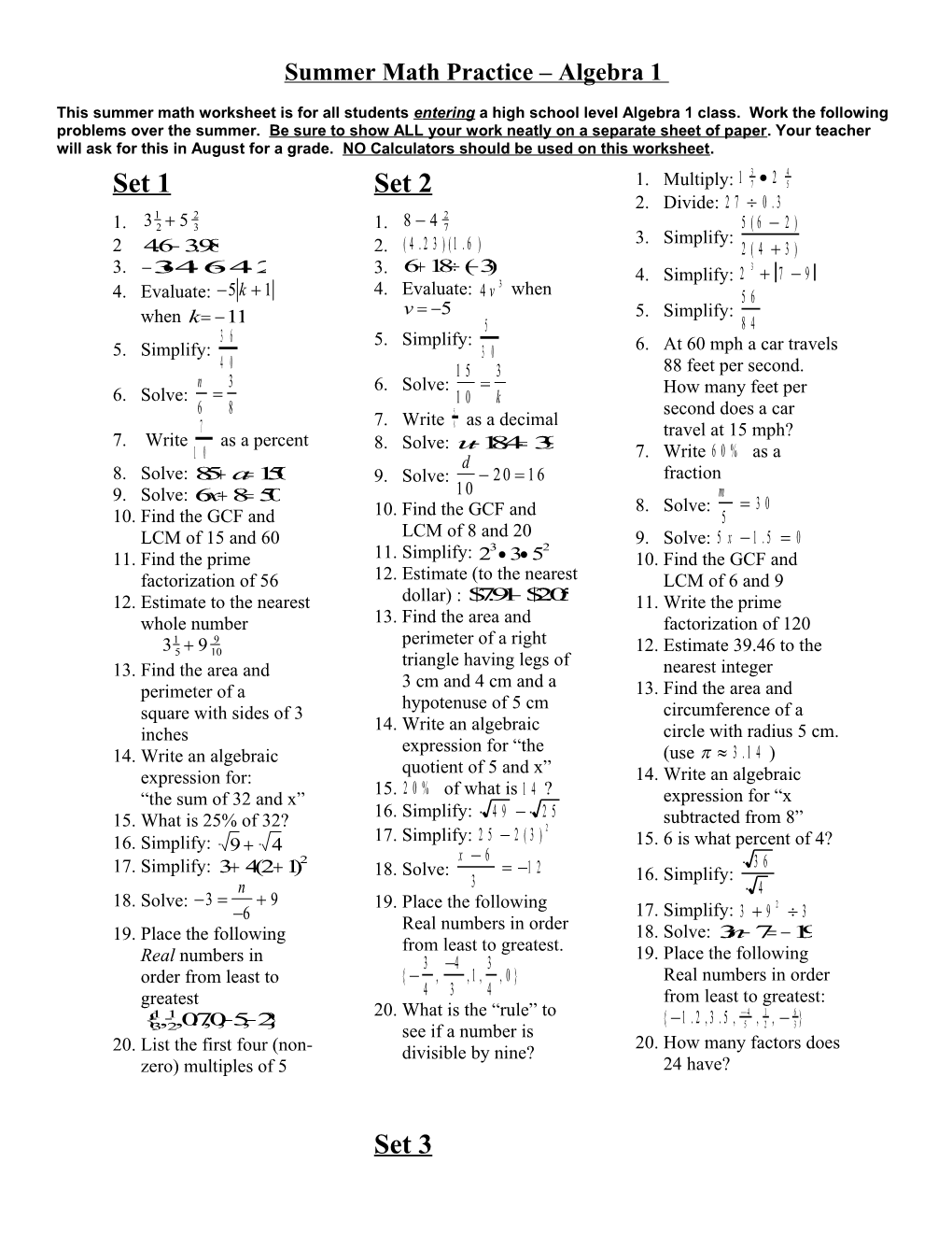 Work the Following Sets of Problems Over the Summer