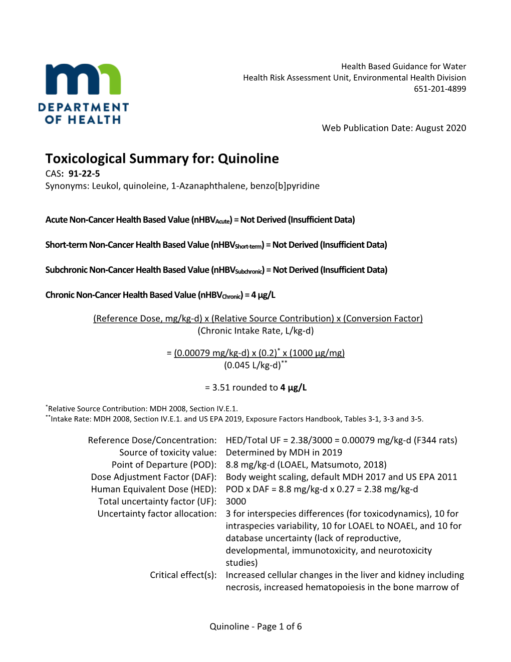 Toxicological Summary for Quinoline