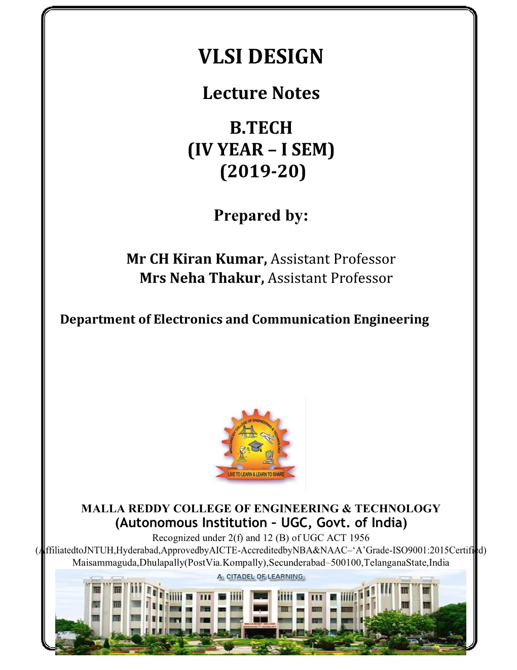 VLSI DESIGN Lecture Notes B.TECH (IV YEAR – I SEM) (2019-20)