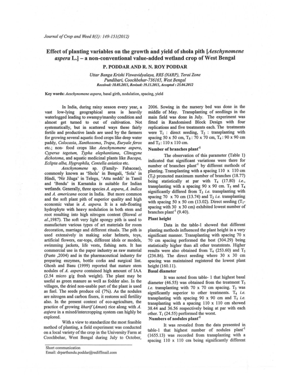 Effect of Planting Variables on the Growth and Yield of Shola Pith [Aeschynomene Aspera L.) -A Non-Conventional Value-Added Wetl