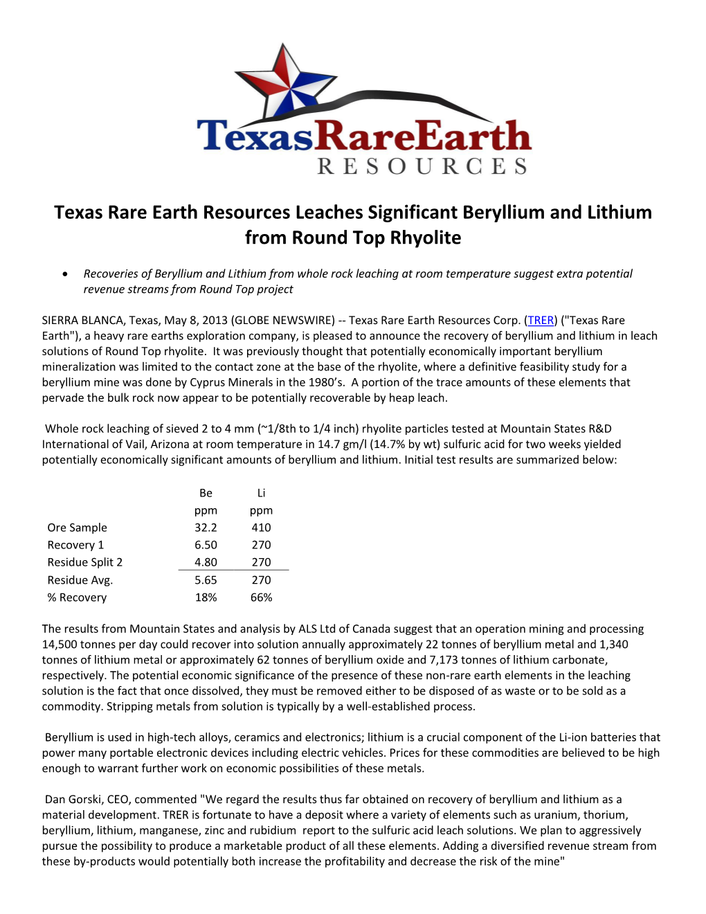 Texas Rare Earth Resources Leaches Significant Beryllium and Lithium from Round Top Rhyolite