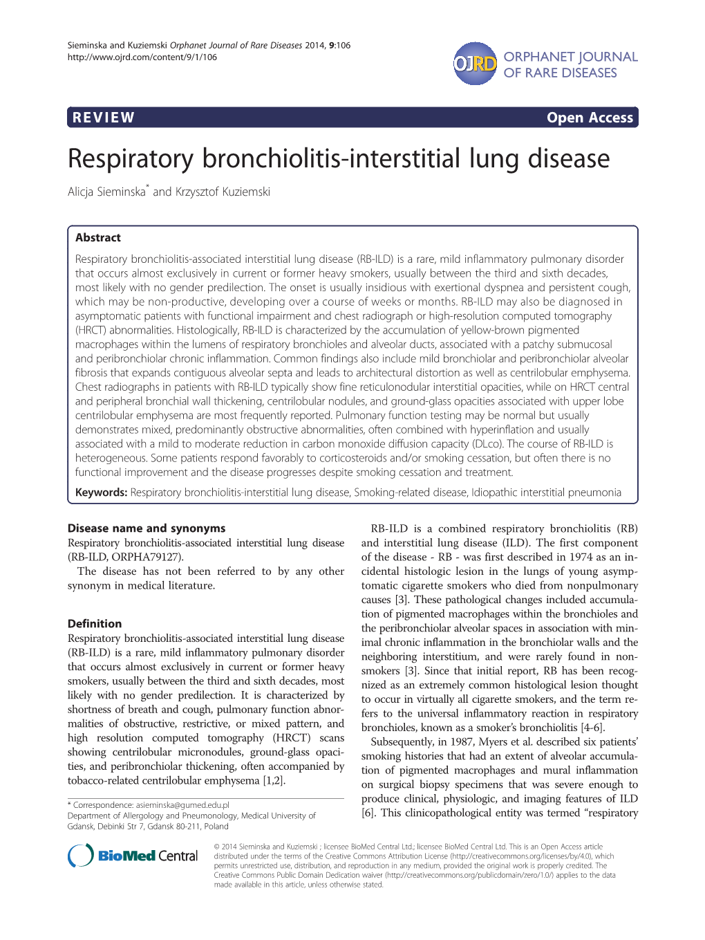 Respiratory Bronchiolitis-Interstitial Lung Disease Alicja Sieminska* and Krzysztof Kuziemski