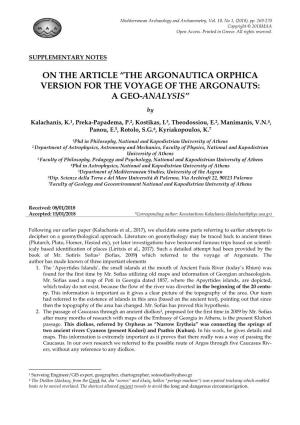 The Argonautica Orphica Version for the Voyage of the Argonauts: a Geo-Analysis”